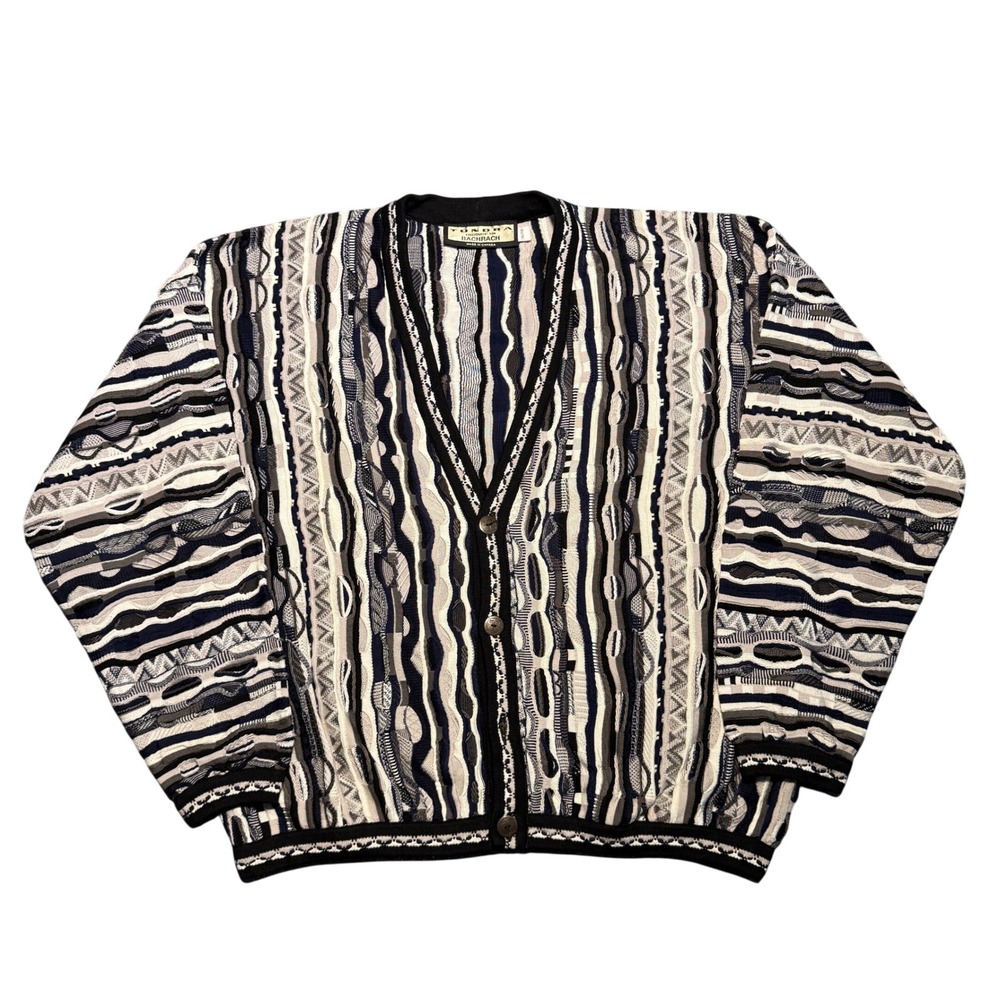 Vintage Tundra Bachrach 3D Knit Cardigan Sweater XL Made in Canada Navy Grey